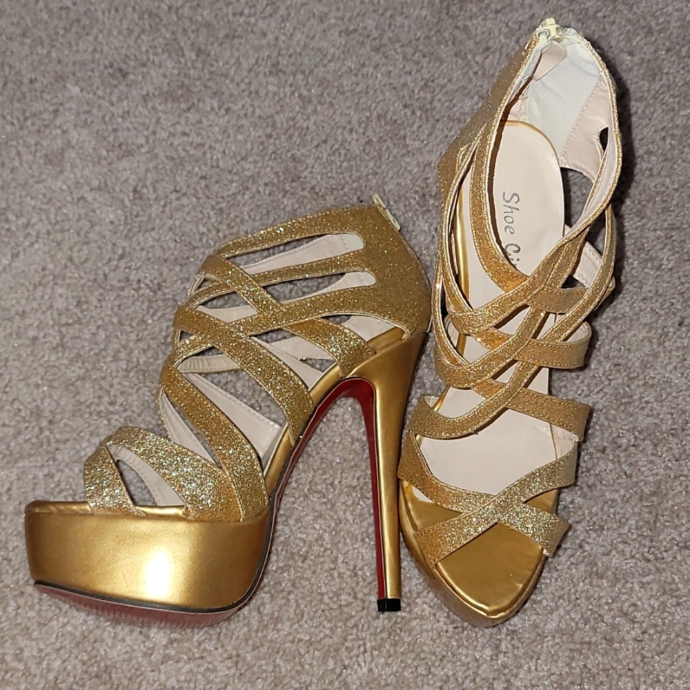 Ankle red gold glitter bottom strappy heels